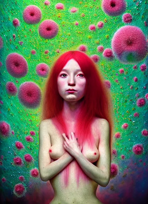 Image similar to hyper detailed 3d render like a Oil painting - kawaii portrait Aurora (red haired Fae) seen Eating of the Strangling network of yellowcake aerochrome and milky Fruit and Her delicate Hands hold of gossamer polyp blossoms bring iridescent fungal flowers whose spores black the foolish stars by Jacek Yerka, Mariusz Lewandowski, Houdini algorithmic generative render, Abstract brush strokes, Masterpiece, Edward Hopper and James Gilleard, Zdzislaw Beksinski, Mark Ryden, Wolfgang Lettl, hints of Yayoi Kasuma, octane render, 8k