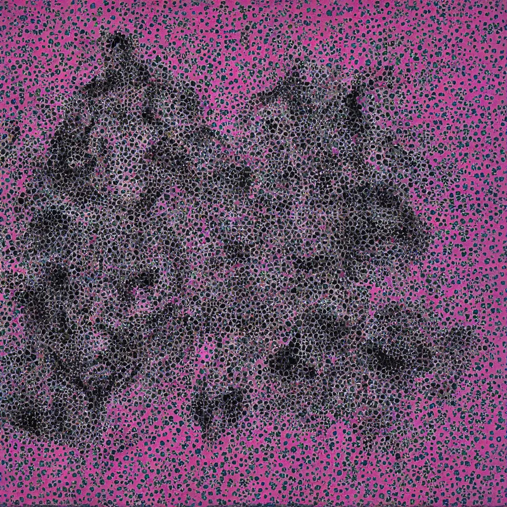 Image similar to camo made of out teeth, smiling, abstract, maya bloch artwork, pink convertible, do hoang tuong artwork, cryptic, dots, stipple, lines, splotch, concrete, color tearing, pitch bending, faceless people, tribal, dark, ominous, eerie, minimal, points, technical, painting