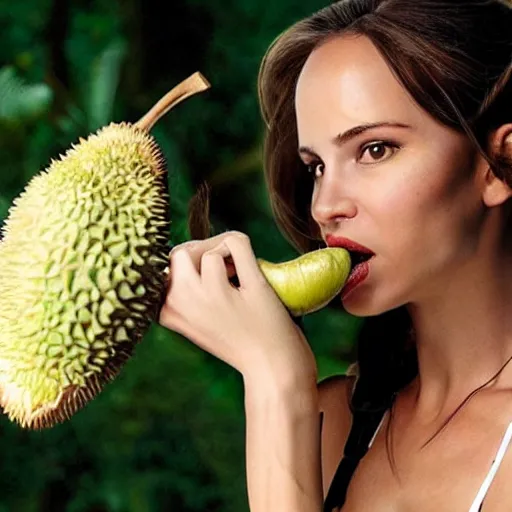 Prompt: Lara croft eating durian