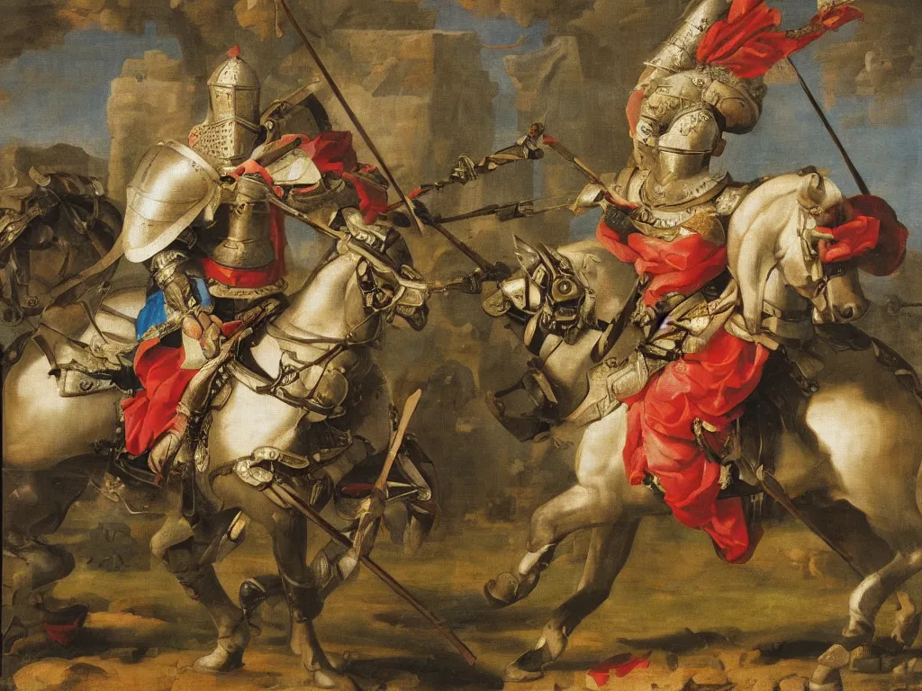 Prompt: a valiant female knight in full armor | colorful | tapestries | Hyacinthe Rigaud | stone castle