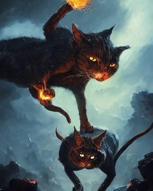 Image similar to oil painting of Anthropomorphized dark Cat Magician casting fire magic spell, evil, glowing eyes, sharp focus, fantasy style, octane render, volumetric lighting, 8k high definition, by greg rutkowski, highly detailed, trending on art Station, magic the gathering artwork, very dark steampunk city backround, centered