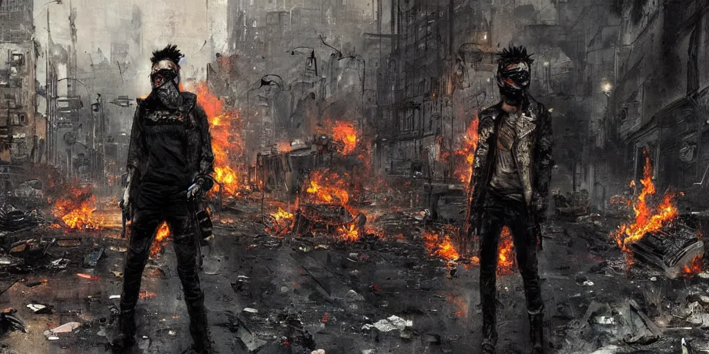 Image similar to post apocalyptic city, revolutionary punk masked up punk, fire, damaged, trash, full shot, by jeremy mann