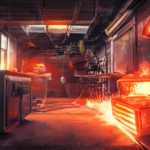 Image similar to cyborg toaster oven repairman, dark messy smoke - filled cluttered workshop, dark, dramatic lighting, orange tint, sparks, plasma rays, cinematic, highly detailed, sci - fi, futuristic, movie still