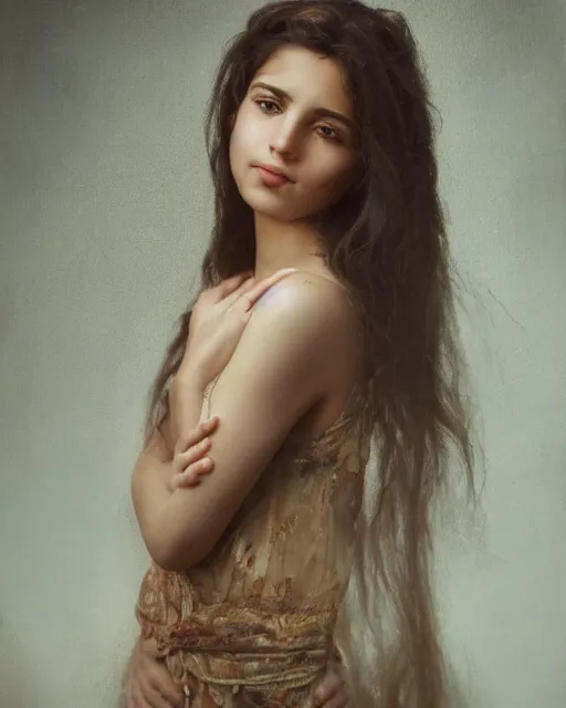 Image similar to a highly realistic, true to life portrait of a beautiful young middle eastern girl, soft focus, from the waist up, with sharp features, a beautiful face, soft smile, under studio lighting, taken with a canon eos camera with 1 3 5 mm focal length by karol bak, james jean, tom bagshaw, rococo, sharp focus, trending on artstation,