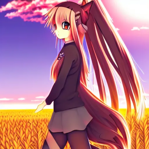 Image similar to anime illustration of Holo from Spice and Wolf standing in a wheat field at sunset, Holo is a wolf girl, high detail, trending on pixiv