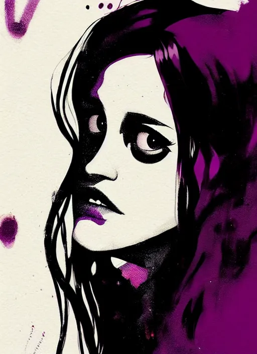 Prompt: highly detailed closeup portrait of beautiful carly chaikin as darlene alderson, moody punk style, by atey ghailan, by greg rutkowski, by greg tocchini, by james gilleard, by joe fenton, by kaethe butcher, gradient purple, black and white color scheme, grunge aesthetic!!! ( ( graffiti tag wall background ) )