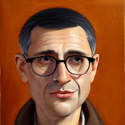 Prompt: 50 year old brunette man with very short hair, round face, circle face, circular face, wide face, big chin , romanian, silver small glasses, romanian heritage, brown eyes, brown smiling eyes, olive skin, round nose, round chin, clean shaven wide face, thin lips, digital art, concept art, cgsociety, painterly, painting, 8k, illustration, painting, dramatic, beautiful, art by loish loish loish, cartoon, stylized painterly, trending on artstation, medium shot, uncropped