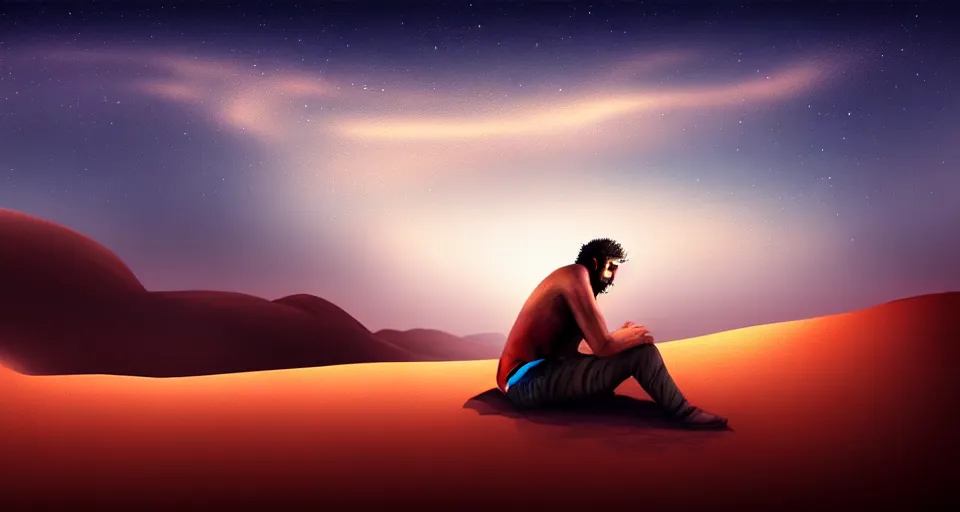 Prompt: a man resting in the desert at night, artstation