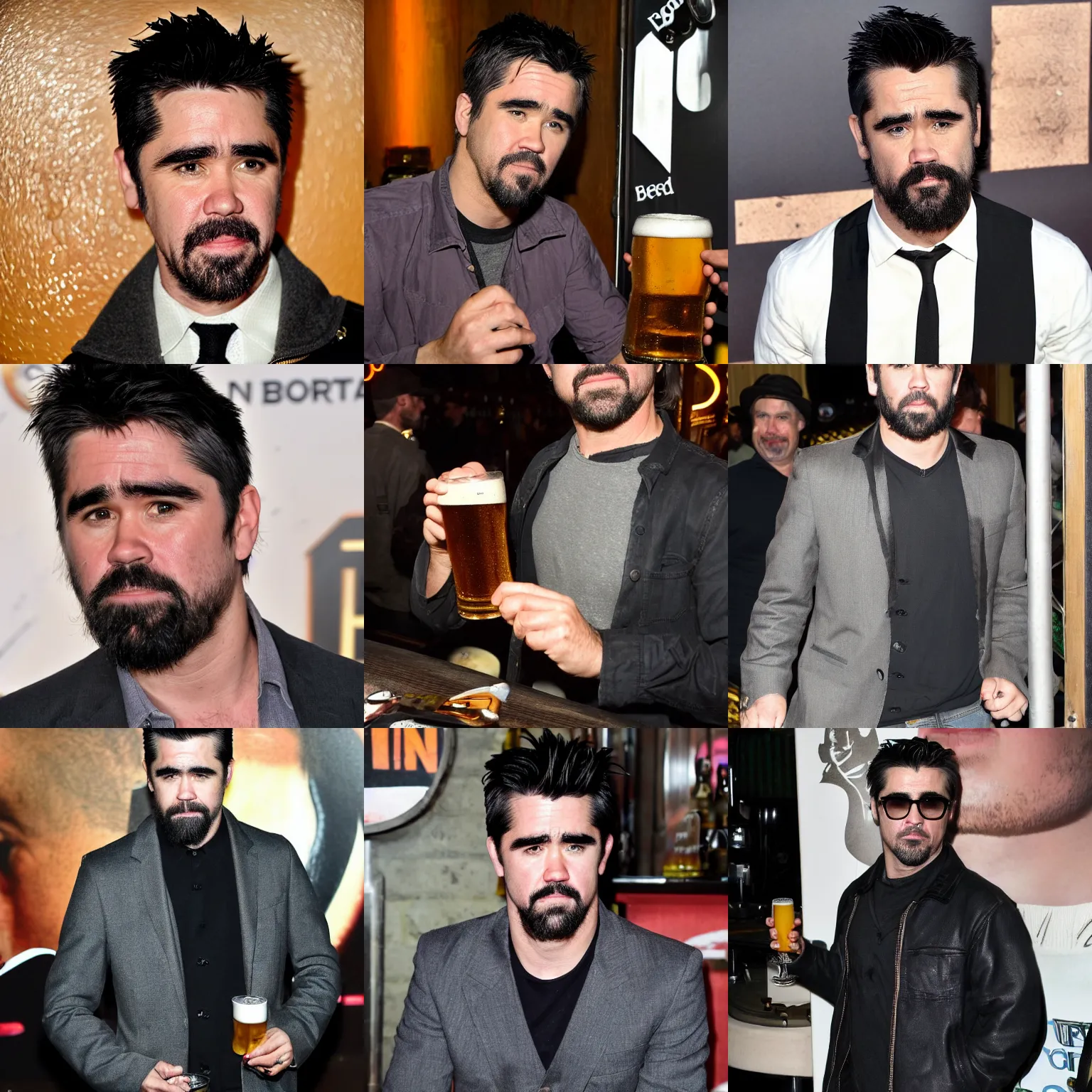 Prompt: colin farrel with black forked braid beard thick eyebrows drinking a pint of beer