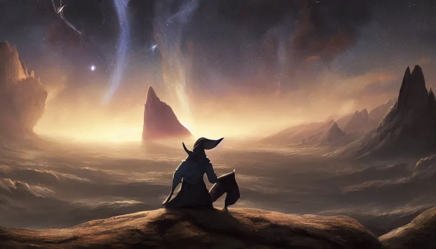 Prompt: a beautiful painting of gandalf watching the andromeda spiral galaxy in the sky of an alien world, ray traced lighting by jean kalin popov and greg rutkowski