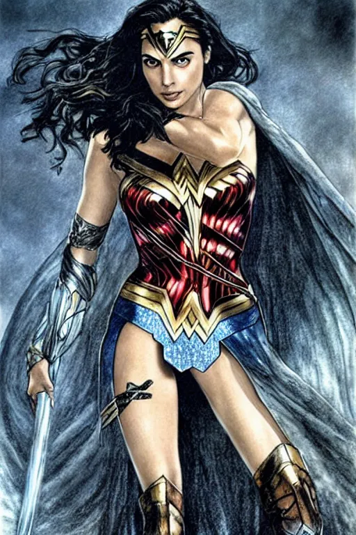Prompt: Gal Gadot as Wonder Woman, illustration by Luis Royo