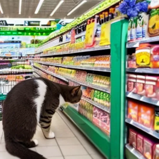 Image similar to a cat serving a customer at a checkout in a supermarket