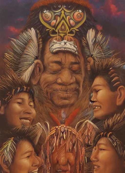 Image similar to faces of indigenous amazonian grandfathers and grandmothers spirits in the clouds, smiling, protection, benevolence, ancestors, detailed faces, hindouist art, religious painting, art by christophe vacher