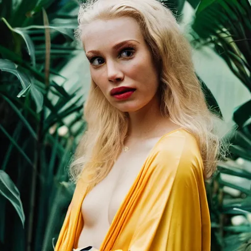 Prompt: head to shoulder portrait photograph of an elegant blond woman wearing a yellow kimono in a tropical greenhouse. looking at the camera!!. very detailed barn owl on her shoulder!!!. super resolution. 85 mm f1.8 lens.bokeh.graflex. by Alessio albi !