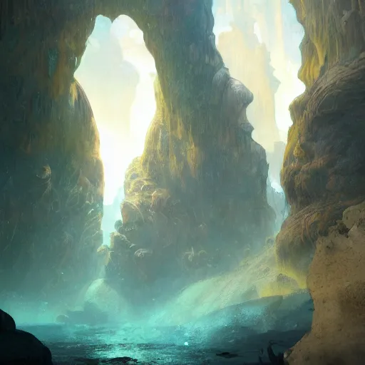 Image similar to masterpiece digital painting of underwater caves by kev walker and greg rutkowski and mucha, artstation, deviantart, closer view, cinematic lights