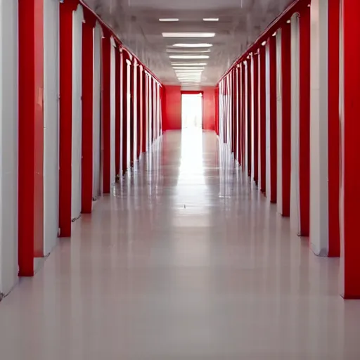 Image similar to a long all white hallway lined with red doors, liminal space,