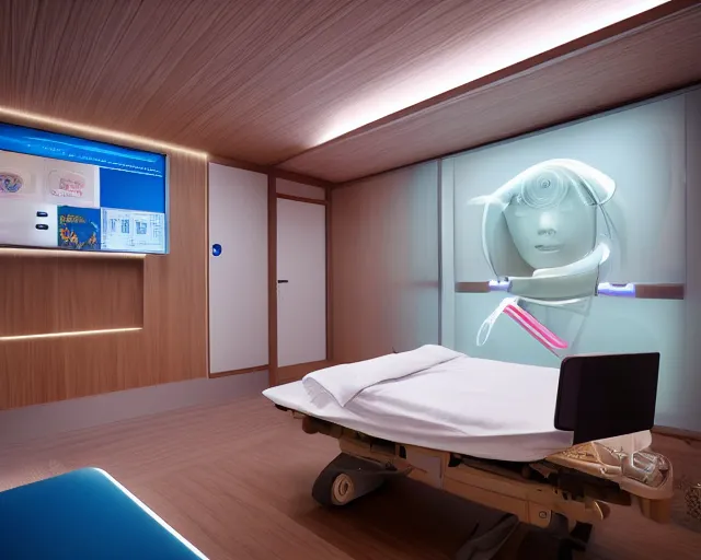 Prompt: The zen environment of the hospital room of the future, in a the give start hotel in a futuristic spaceship from Singapore, with calming bright lights and a welcoming Japanese rose pattern wall and a breathtaking wooden floor, a doctor and her patient look at a computer screen showing medical graphs