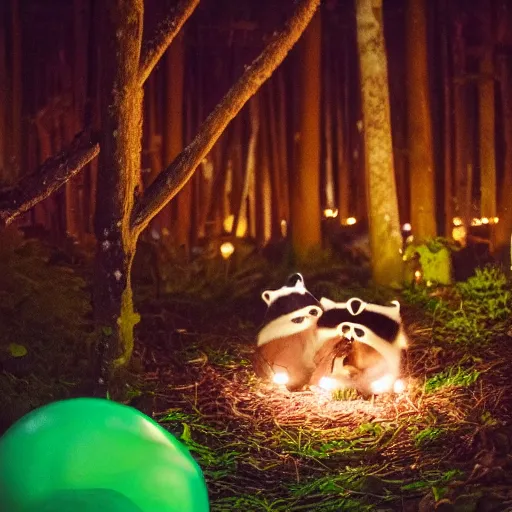 Prompt: raccoons in a ball pit in a forest at night with fairy lights