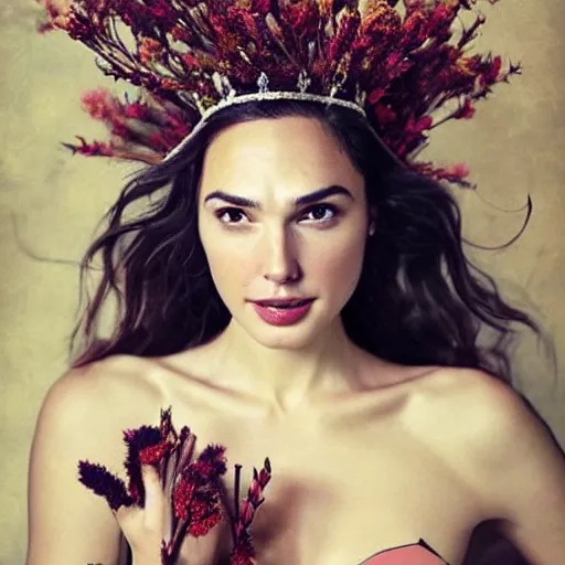 Image similar to full body fine art photo of the beauty gal gadot, she has a crown and a dress made of dried flowers done by oleg oprisco