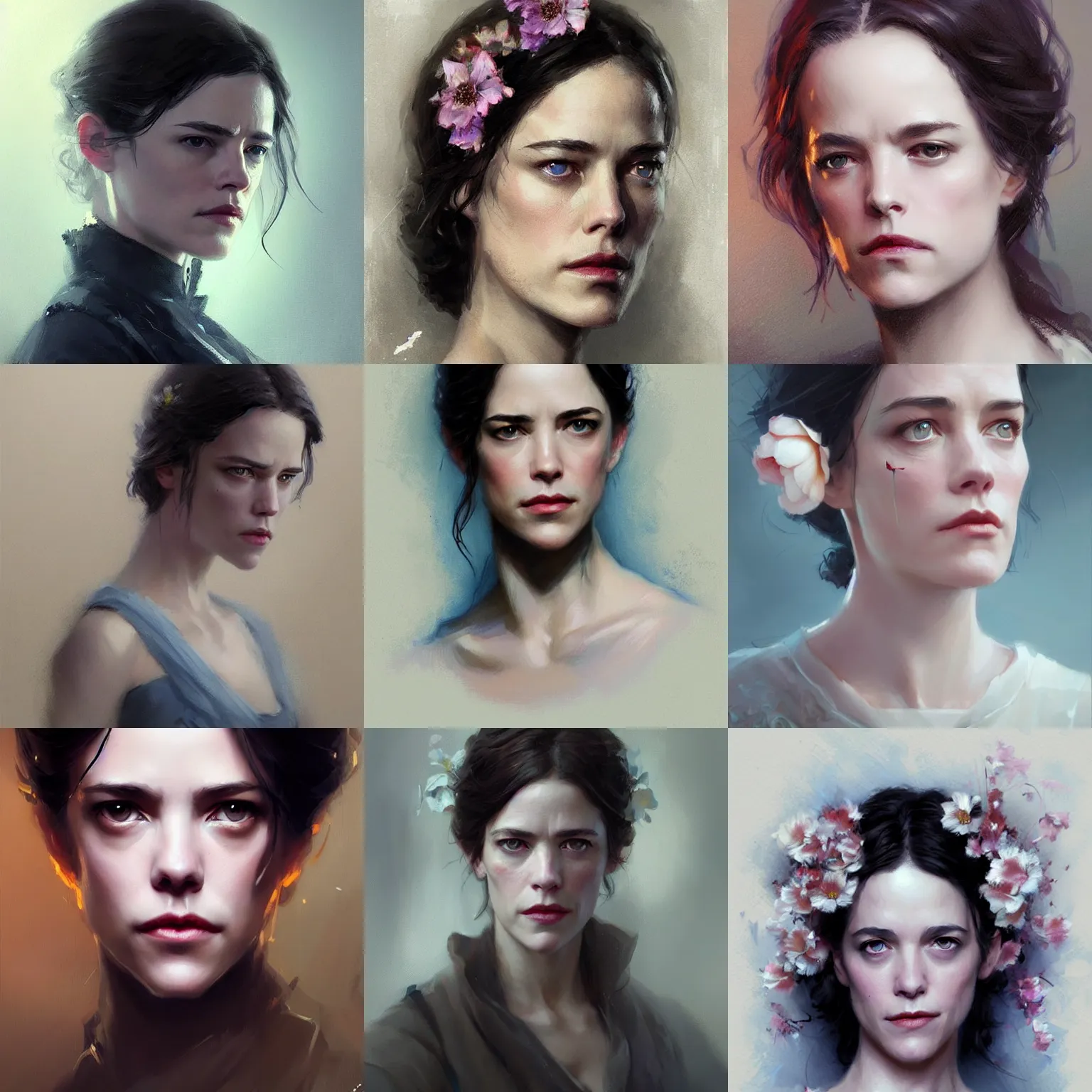 Prompt: beautiful flowers by greg rutkowski, penelope ives from penny dreadful, vesper lynd from casino royale, blue eyes, proportional perfectly detailed eyes pupils, artstation hq