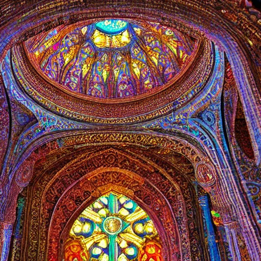 Image similar to cosmic cathedral created by the gods, intricate muqarnas, beautiful colors, bold architecture, detailed, 4 k