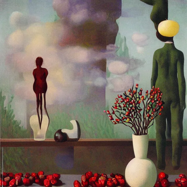 Prompt: a female art student in her apartment, plants in glass vase, clouds, pig, butress tree roots, pomegranate, berries dripping, acrylic on canvas, surrealist, by magritte and monet