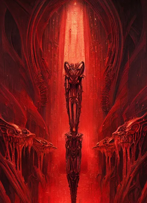 Image similar to masterpiece, infernal lady concept art, stylized, doom, elegant, imperial, epic, intricate art by h. r. giger, greg rutkowski, josan gonzalez, zdizslaw beksinski, biomechanical, crimson darkness, hellscape