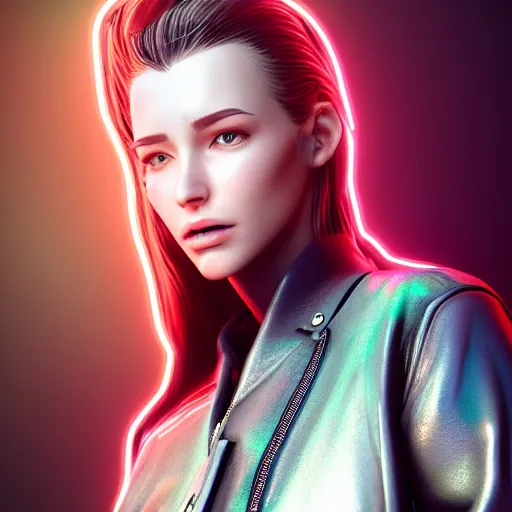 Image similar to stylish woman cartoon portrait made out of rain, leather jacket, cyberpunk background, rendered in octane, unreal engine, highly detailed, trending on artstation, realistic, neon, beautiful