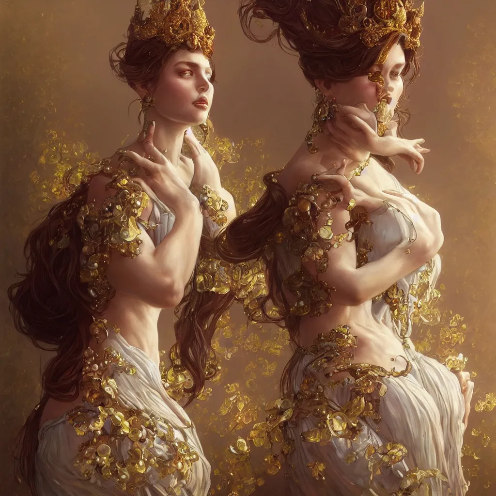 Image similar to a realistic liquid queen with a decorated dress made of white pearls , highly detailed, digital painting, Trending on artstation , HD quality, by artgerm and greg rutkowski and alphonse mucha, dramatic light, octane