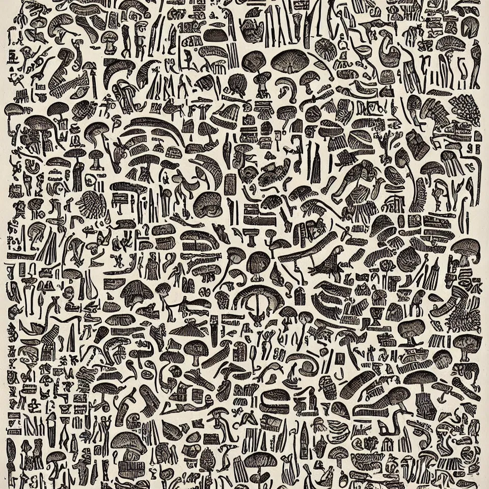 Image similar to a linocut engraving of hyeroglyphs made out of mushrooms