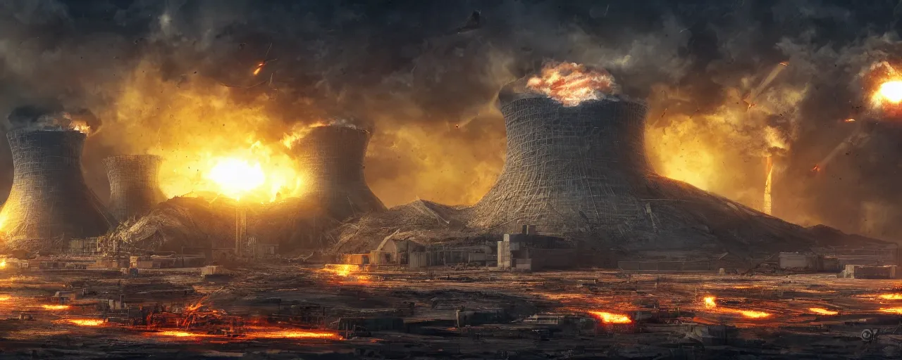 Prompt: a nuclear power plant being bombarded by alien artillery, macro scale, mixed media, digital art, trending on artstation, 8k, epic composition, highly detailed, AAA game art