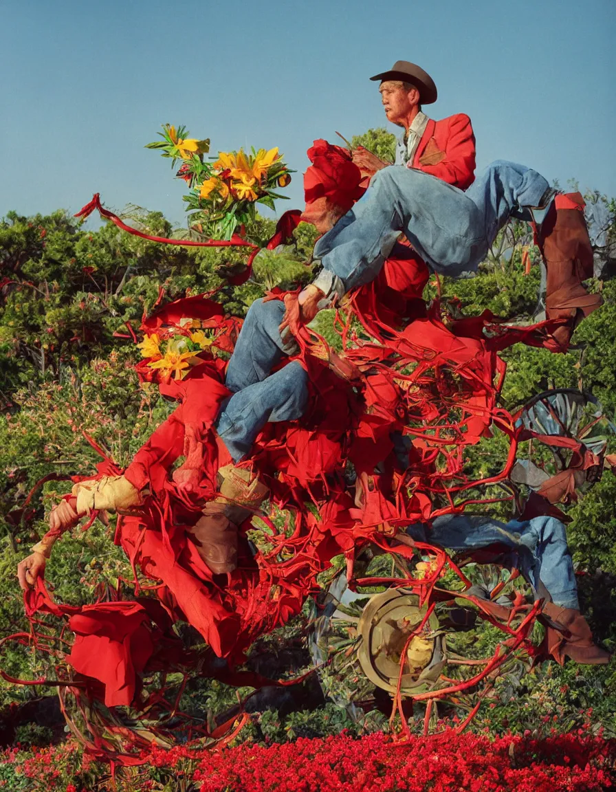 Image similar to a cowboy turning into blooms by slim aarons, by zhang kechun, by lynda benglis. tropical sea slugs, angular sharp tractor tires. complementary colors. warm soft volumetric light. national geographic. 8 k, rendered in octane, smooth gradients. manly cowboy riding by edward hopper. red accents.