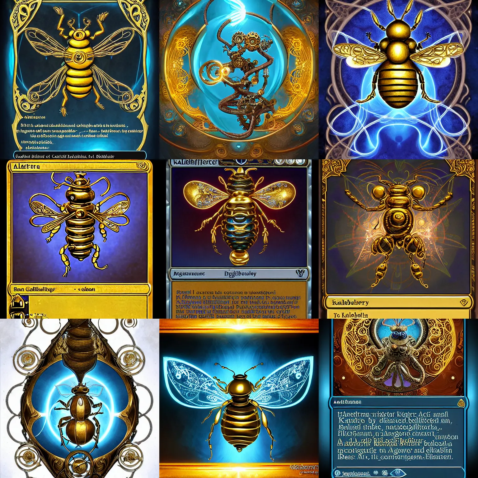 Prompt: Kaladesh digital art. Artificer activates an aether-powered, gold bee/rat mechanical homunculus invention. Decorative flourish metalwork, filigree, cogs, blown glass containing glowing cyan blue plasma. Concept art by Sam Burley, Steven Belledin, Chris Rahn, Cynthia Sheppard, Daarken, Tyler Jacobson, Kieran Yanner.