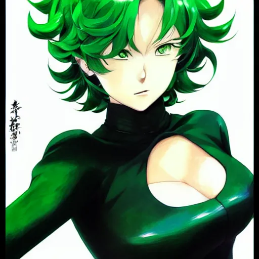 Image similar to tatsumaki from one punch man, green wavy hair, black dress, fine details, sharp focus, intricate, realistic shaded perfect face, by cushart krenz makoto shinkai artgerm ilya kuvshinov rossdraws