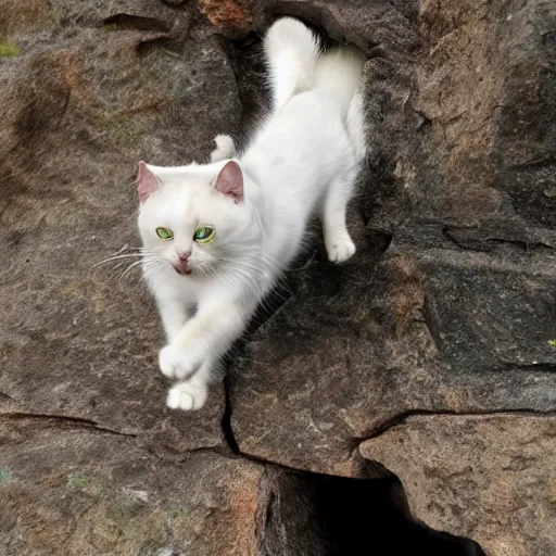 Prompt: realistic photo of a cat pushing a dog through a cliff.