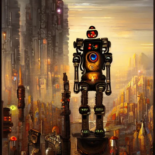 Image similar to beautiful detailed religious oil painting of robotic saints in an urban cyberpunk wasteland