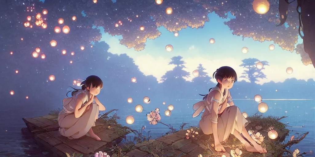 Image similar to the girl and the flying lanters. anime visual of a cozy village, by the lake at night, fireflies,. by hayao miyazaki and rossdraws and artgerm and greg rutkowski and alphonse mucha. anime production by studio ghibli. high quality, stunning, intricate detailed environment. 8 k