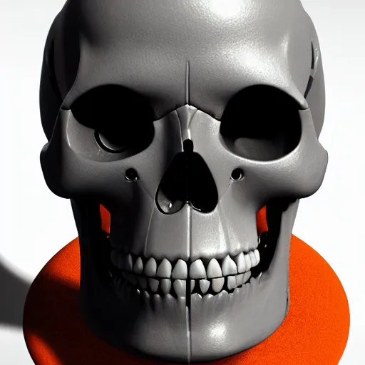 Image similar to real human skull with robotic circular orange light electronic eyes in eye sockets, unreal engine, artstation, render