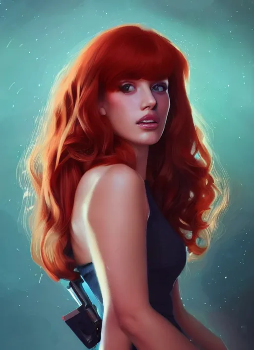 Image similar to full body portrait of teenage cheryl blossom, bangs, green eyes, mischievous expression, red hair, sultry smirk, bangs and wavy hair, intricate, elegant, glowing lights, highly detailed, digital painting, artstation, concept art, smooth, sharp focus, illustration, art by wlop, mars ravelo and greg rutkowski