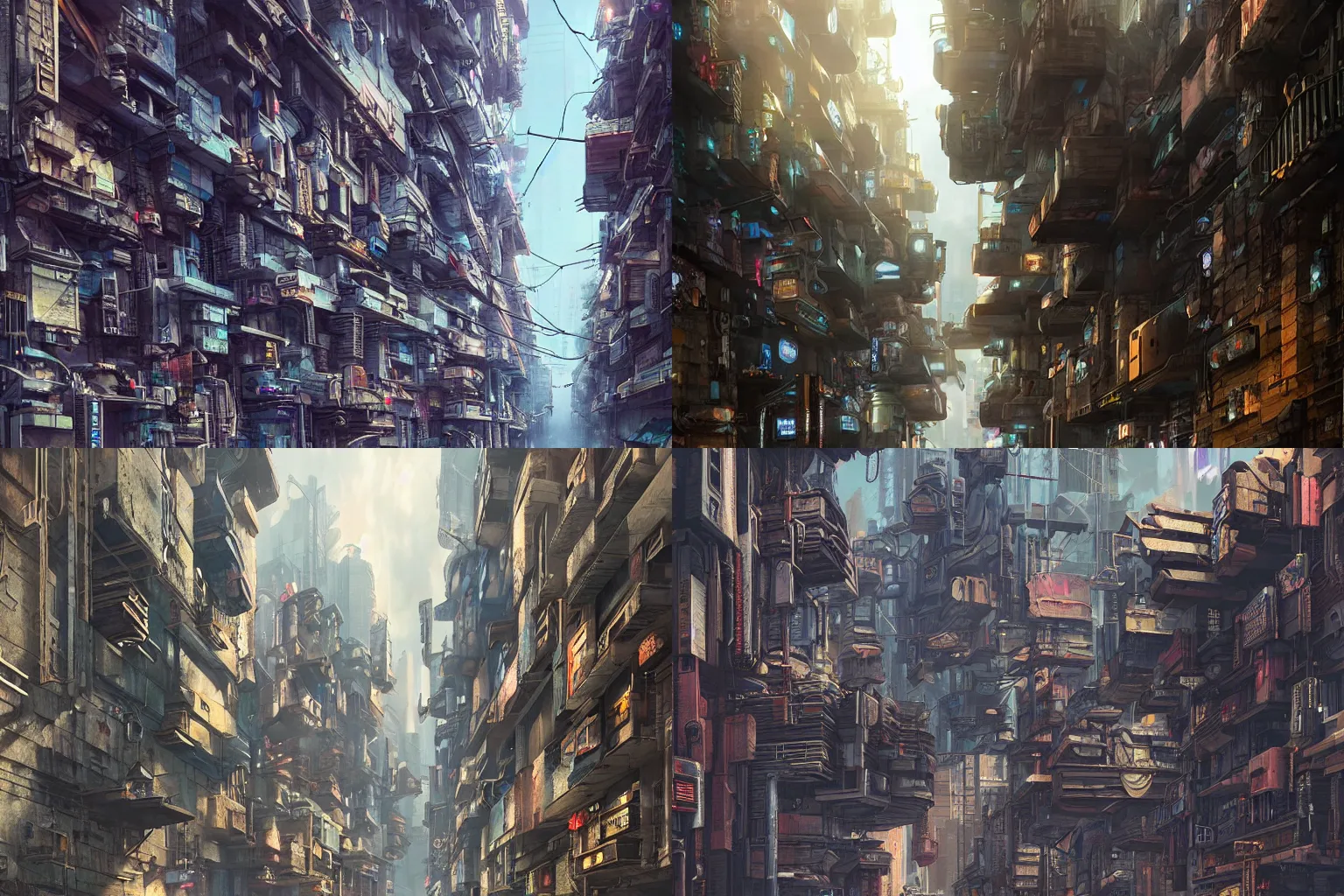 Prompt: a cyberpunk alleyway that extends high into the sky, dozens of rows of garages and store faces. Very beautiful matte painting