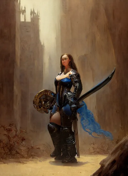 Image similar to beautiful blue - eyed mazzaratie monica bbw plumper big girl wearing tiny black medieval armour, detailed by gaston bussiere, bayard wu, greg rutkowski, giger, maxim verehin, greg rutkowski, masterpiece, sharp focus, cinematic lightning