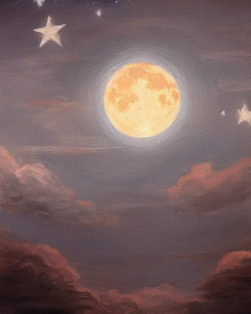 Image similar to painting of a large moon in the sky; the moon is read and has an open eye on it; there is a thin, long, blue cross-shaped star in the sky, anime, detailed, creepy, beautiful