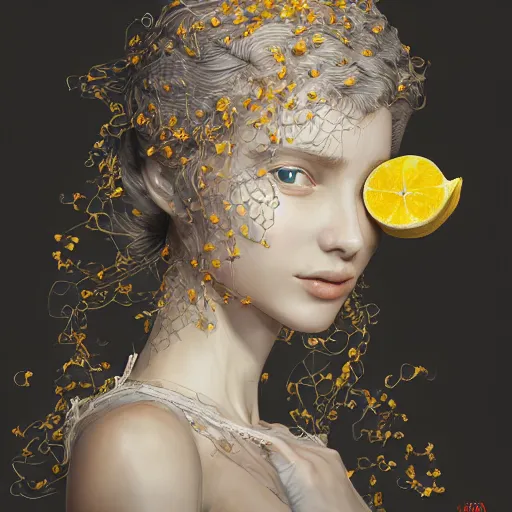 Image similar to the portrait of an absurdly beautiful, graceful, elegant, sophisticated, young perky woman made up of lemons, an ultrafine hyperdetailed illustration by kim jung gi, irakli nadar, intricate linework, bright colors, octopath traveler, final fantasy, unreal engine 5 highly rendered, global illumination, radiant light, detailed and intricate environment