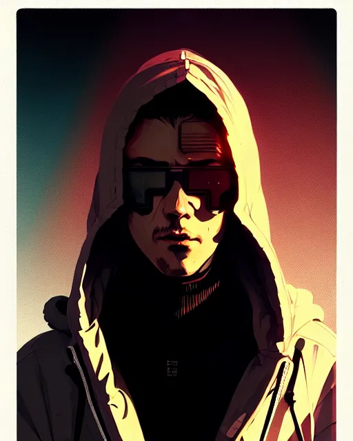 Image similar to cyberpunk synth, hyper - realistic portrait of a man in a hoodie, cyberpunk, anime style, by atey ghailan, by greg rutkowski, by greg tocchini, by james gilleard, by joe fenton, by kaethe butcher, dynamic lighting, gradient light blue, brown, cinematic lighting color scheme, sharp focus, grunge aesthetic