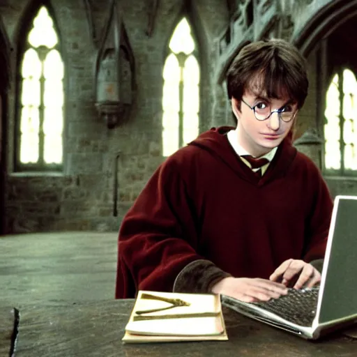 Image similar to Photo of Harry Potter using a computer in Hogwarts