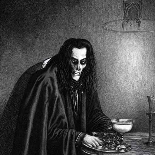 Image similar to dracula drinking coffee, creepy atmosphere, dark, portrait, realistic, very realistic, illustration by Gustave Doré