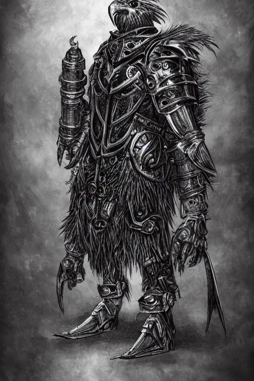 Image similar to armoured raven humanoid monster, crows feet, symmetrical, highly detailed, digital art, black feather armour, sharp focus, trending on art station, kentaro miura manga art style