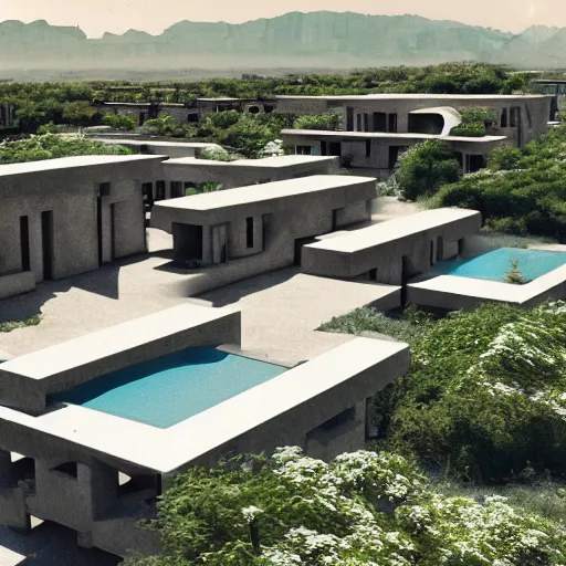 Image similar to architectural rendering of habitat 6 7 in the desert, biophilia mood, pool, garden, highly detailed, cinematic,