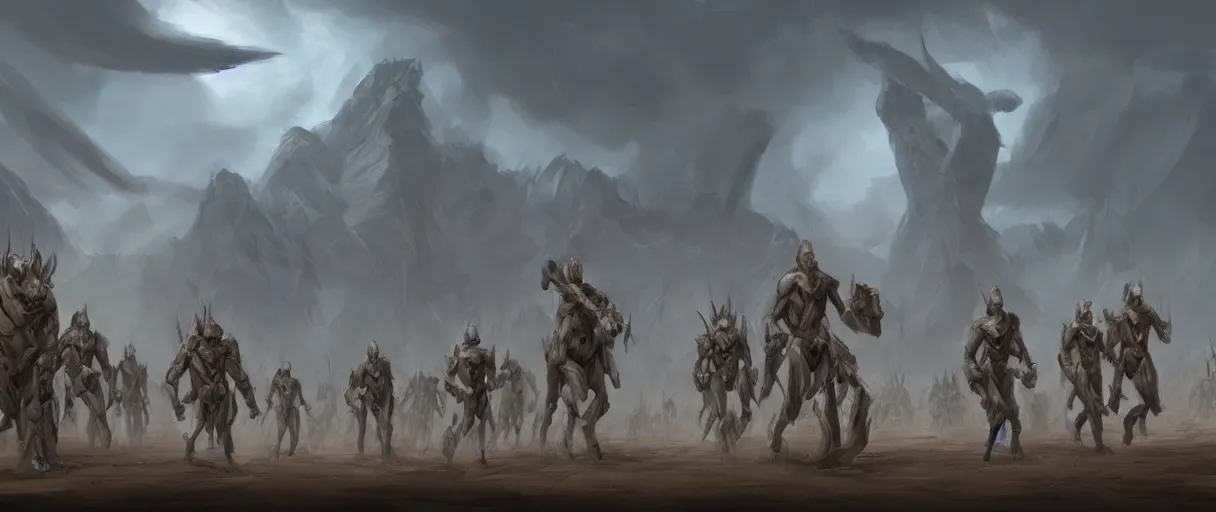 Image similar to digital painting concept art of a xenomoprh army, high detailed, volumetric lighting, style of Ralph McQuarrie, matte painting, photoshop