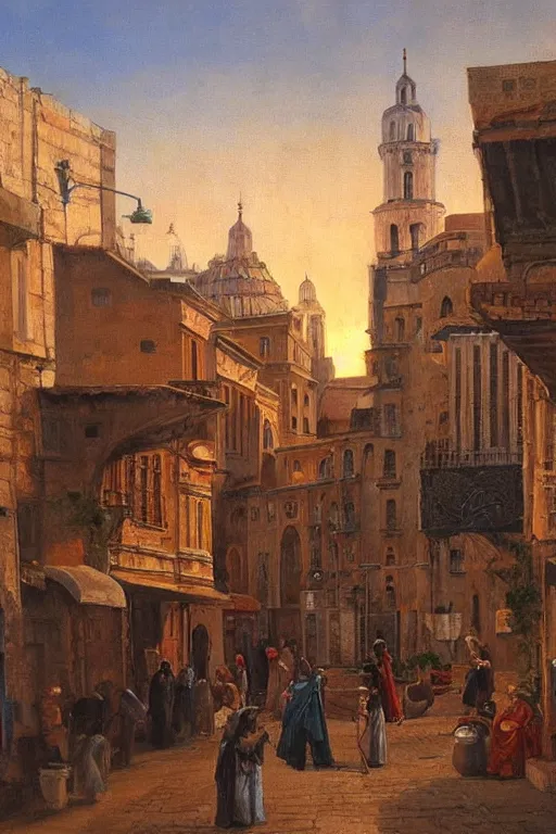 Image similar to painting of view of old European city with mix of middle eastern architecture fusion, photoreal, sunset light, painting by Charles Leickert , old master painting